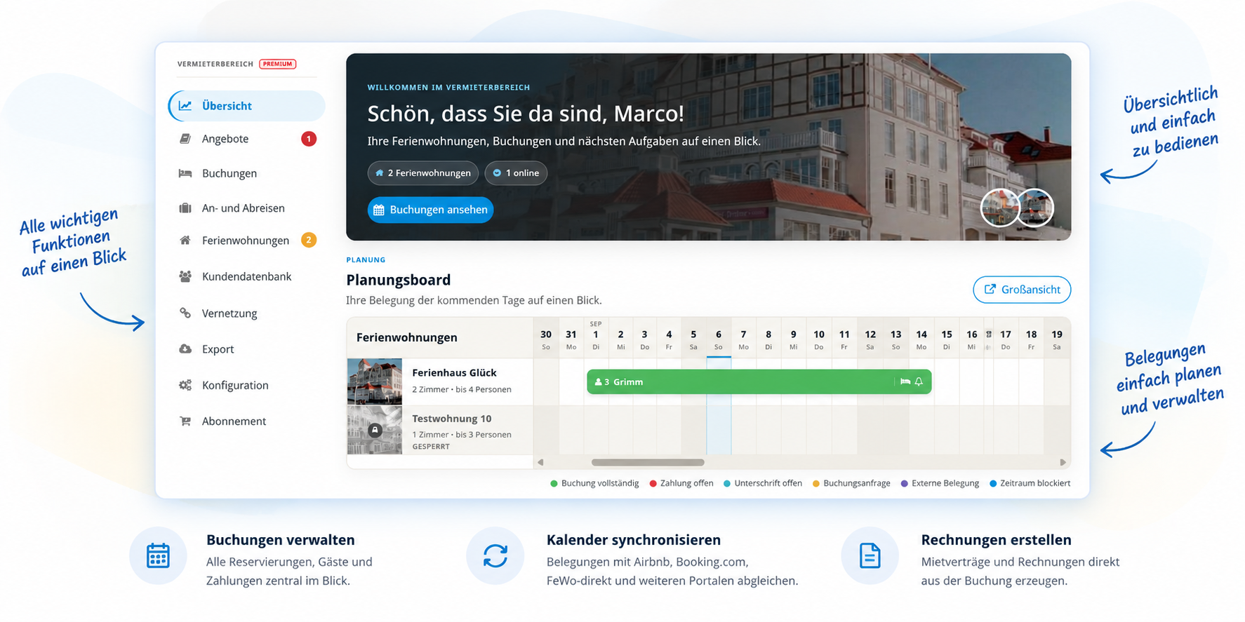Vermieterbereich mit Navigation, Buchungsübersicht und Belegungskalender im Planungsboard